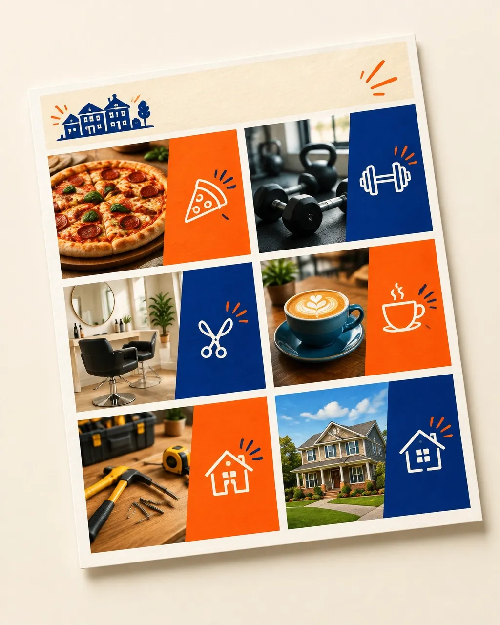 A printed community postcard with advertising spots for neighborhood businesses